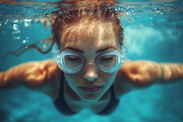 Naklejka premium Woman swimming butterfly stroke in a swimming pool 