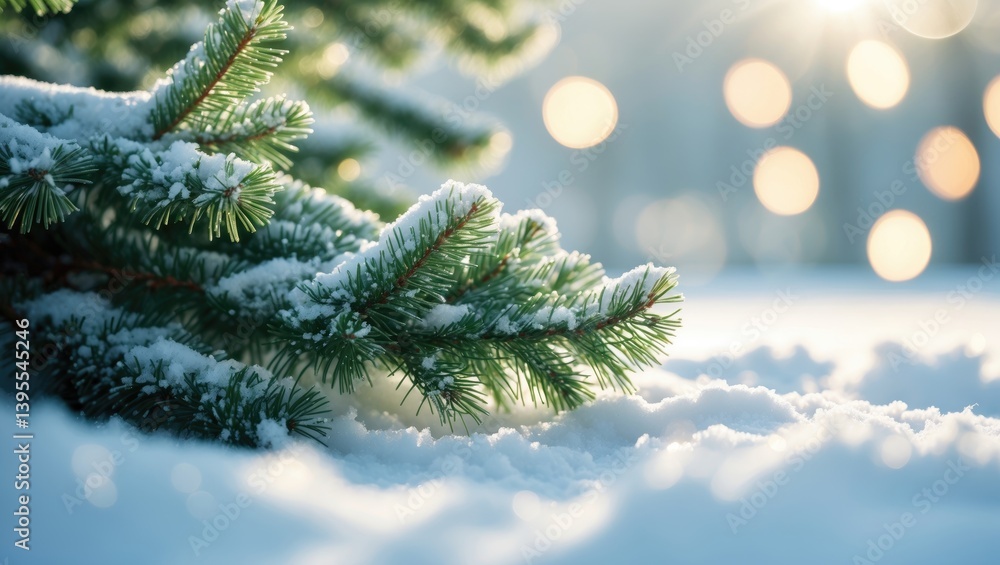 Poster snowy backdrop with a fluffy green fir tree branch. wallpaper idea. space for text