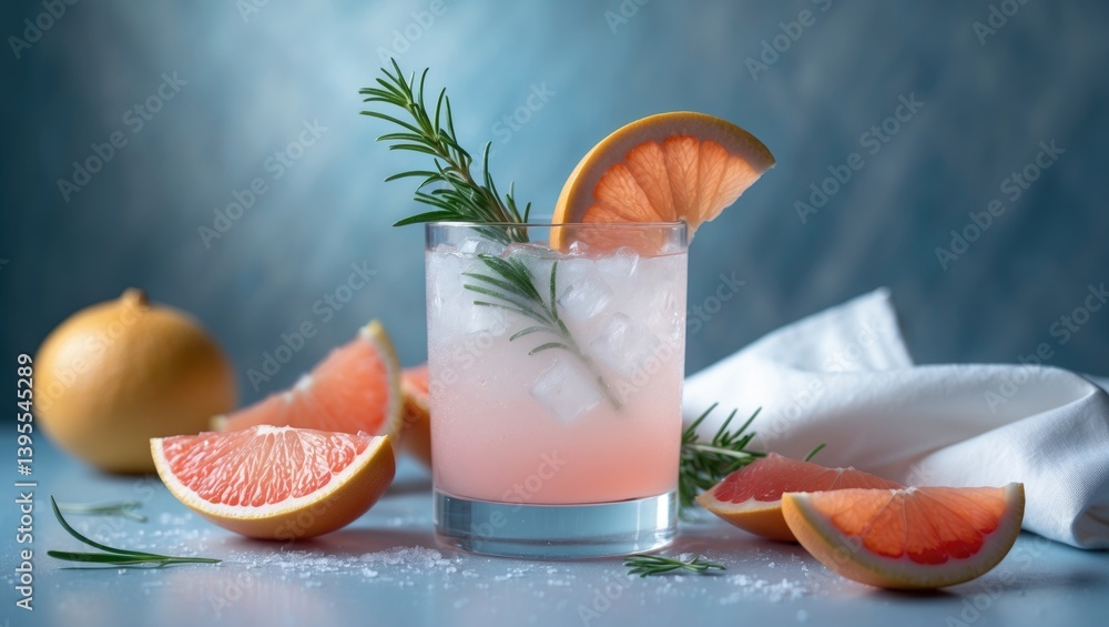 Aufkleber refreshing grapefruit lemonade with rosemary and ice in a glass positioned on a blue background, acc
