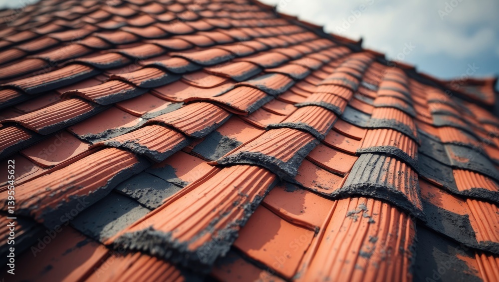 Poster clay tiles, or terracotta tiles, still utilized for house roofs, show a surface that has transitione