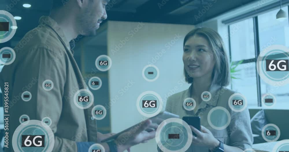 Poster discussing technology, two people with animation of 6g network symbols in background