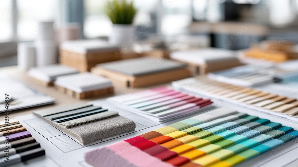 Poster blueprints spread out on a design table with various art tools and material samples - paintbrushes d
