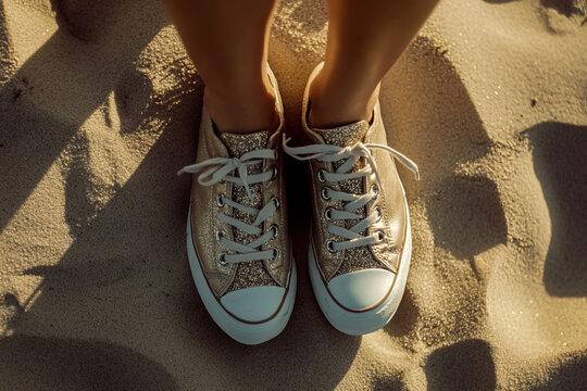 Gold glitter converse sneakers on sand beach fashion footwear summer vacation style trendy shoes casual wear