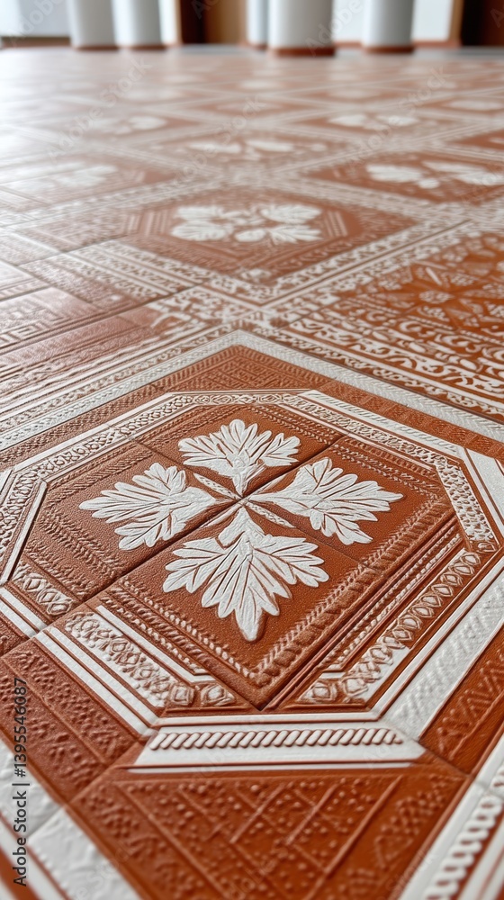 Poster complex geometric patterns on a tiled floor, demonstrating precise craftsmanship and design - decora