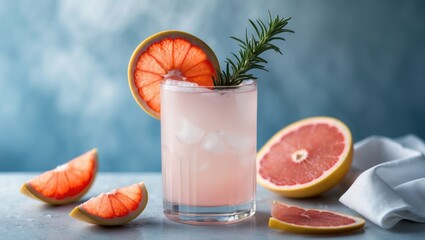 Front view of a glass filled with grapefruit lemonade, rosemary, and ice on a blue background, garnished with fresh citrus slices and a napkin. The essence of a refreshing, trendy summer drink.