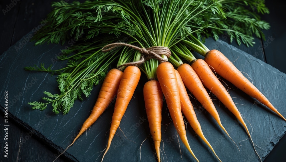 Poster top view of a fresh carrot bunch against a dark stone table or black background, with ample copy spa