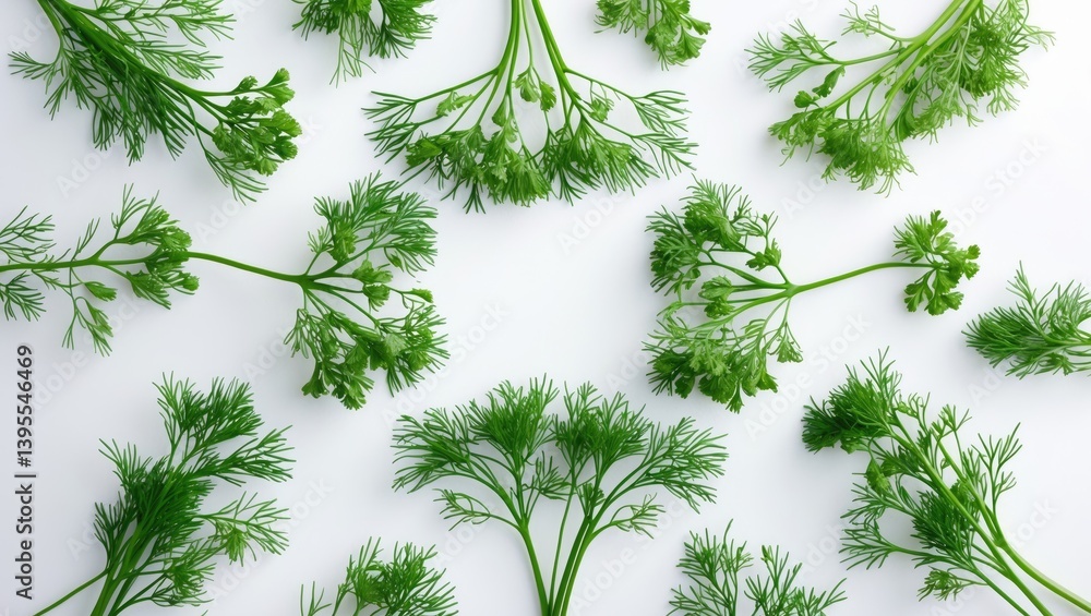 Poster top-down view of fresh green dill branches on a white surface