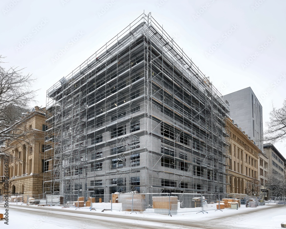Poster half-finished concrete building with scaffolding, surrounded by construction materials - architectur