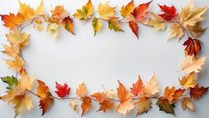 Colorful autumn leaves framed on a white backdrop