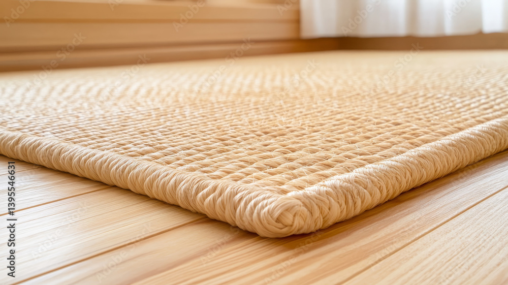 Poster close up view of tatami mat showcasing its intricate texture and natural fibers, creating serene