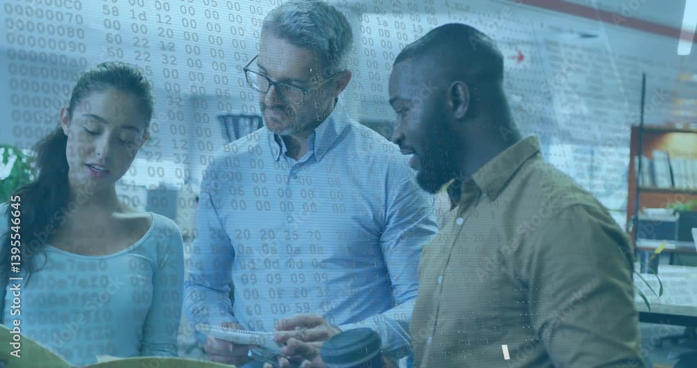 Poster collaborating on project, diverse team using animation with digital data in office