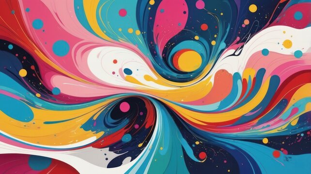 Vibrant swirling abstract design with flowing colors and scattered dots