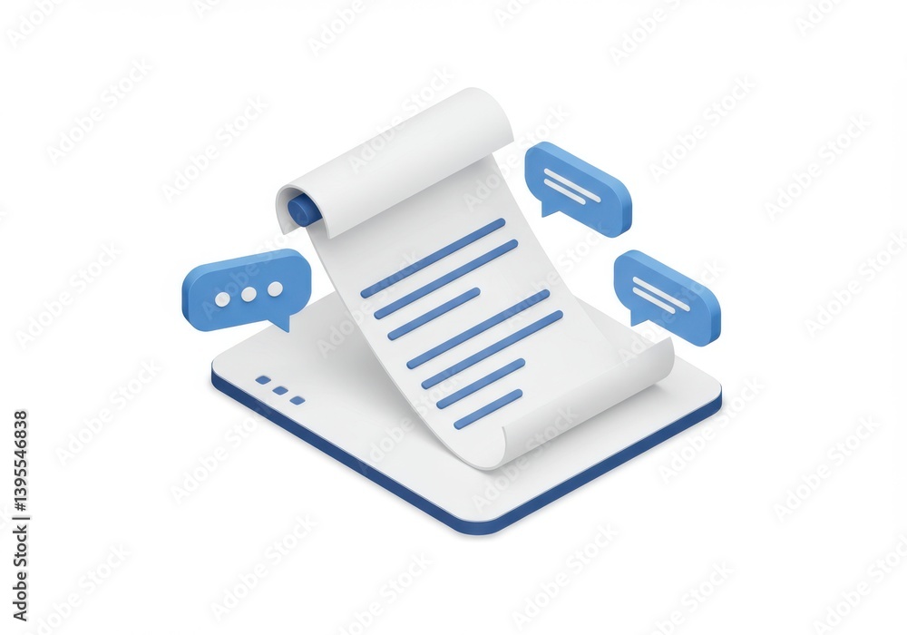 Poster scroll with blue lines and speech bubbles isolated on white background