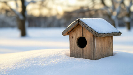 weathered birdhouse covered in snow, surrounded by serene winter landscape