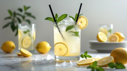 Refreshing summer drink featuring lemons, mint, and ice, focused image