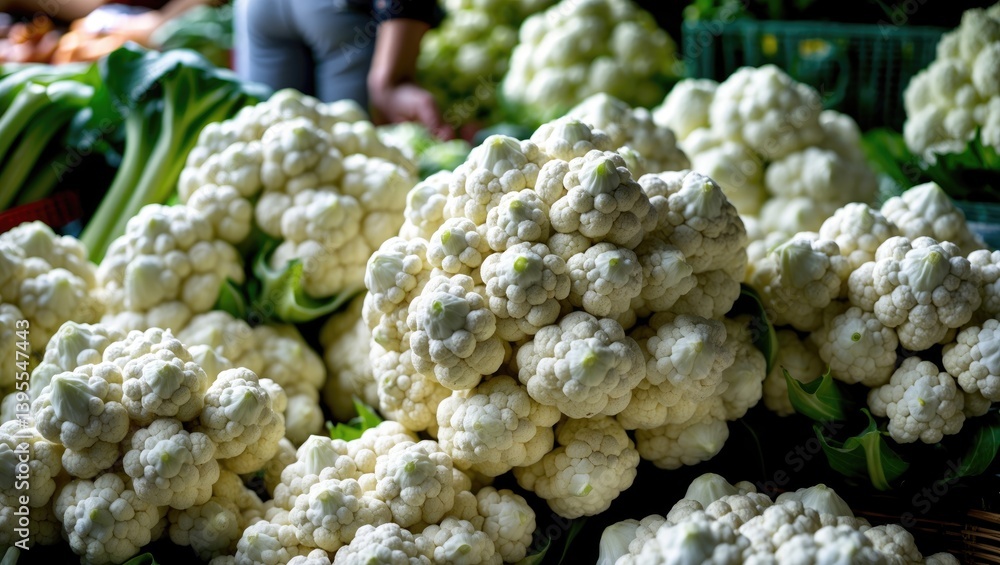 Aufkleber market display of fresh cauliflower heads, emphasizing their natural textures and close-up features.