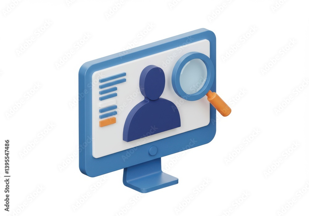 Poster computer screen showing profile with magnifying glass icon