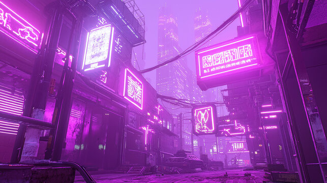 A futuristic cyberpunk alleyway glows with vibrant purple neon signs illuminating narrow buildings and a deserted street at night creating a stunning digital art scene.
