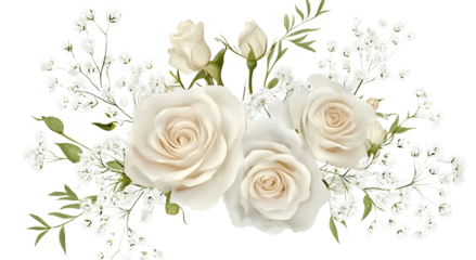 White roses and baby's breath flower decoration isolated on a Transparent background PNG