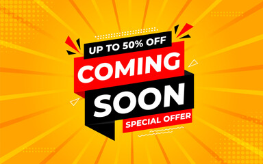 Coming Soon Sale Banner vector template. Grand Opening vector graphic element. Super shop label Promo design. Product opening festival background collection.