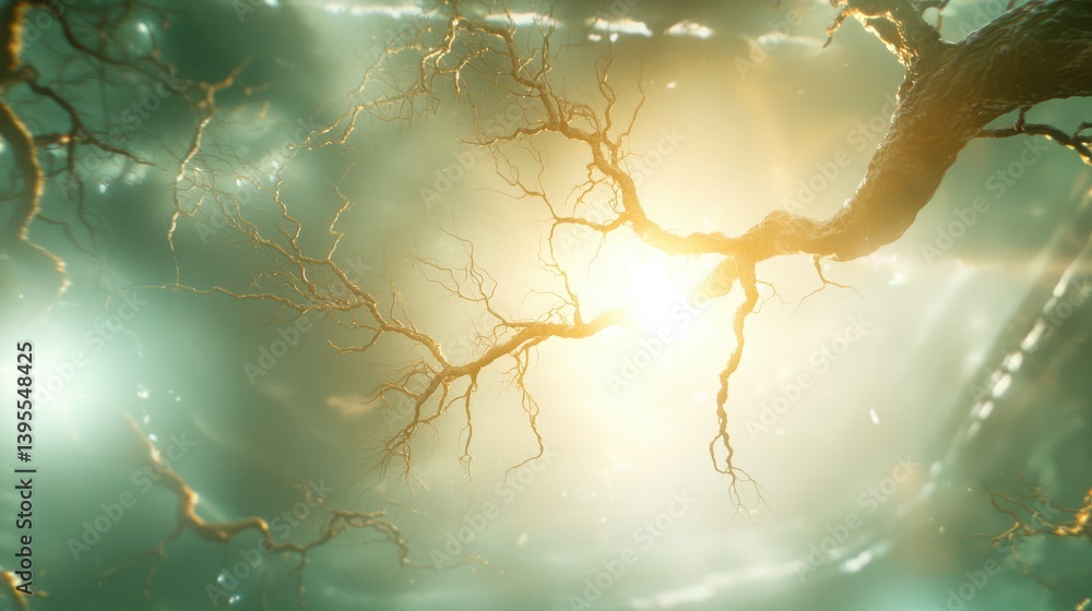 Poster dynamic artistic representation of nervous system surreal environment digital art ethereal viewpoint