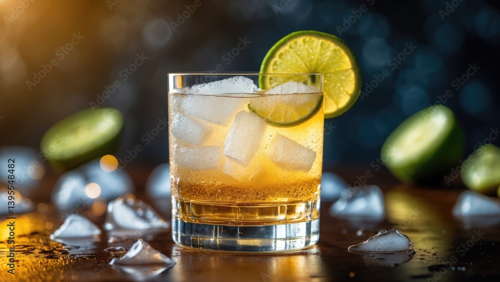 Poster new cocktail made with ginger beer. ice and lime are placed on the table.
