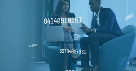Discussing documents, business professionals with floating numbers animation in office - Powered by Adobe