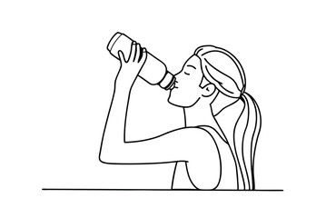 Woman Drinking Water from Reusable Bottle Line Art Illustration