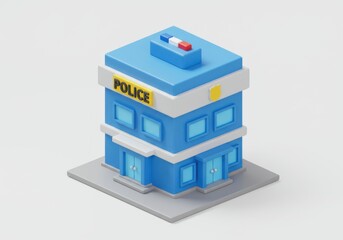 Isometric view of a blue police station isolated on white background