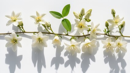 Obraz premium Collection of Flying Jasmine flowers in bloom cast in shadow against a white backdrop.