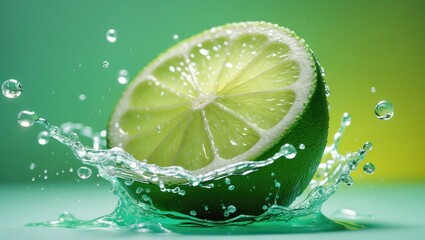 Fresh lime splashing in water against green backdrop