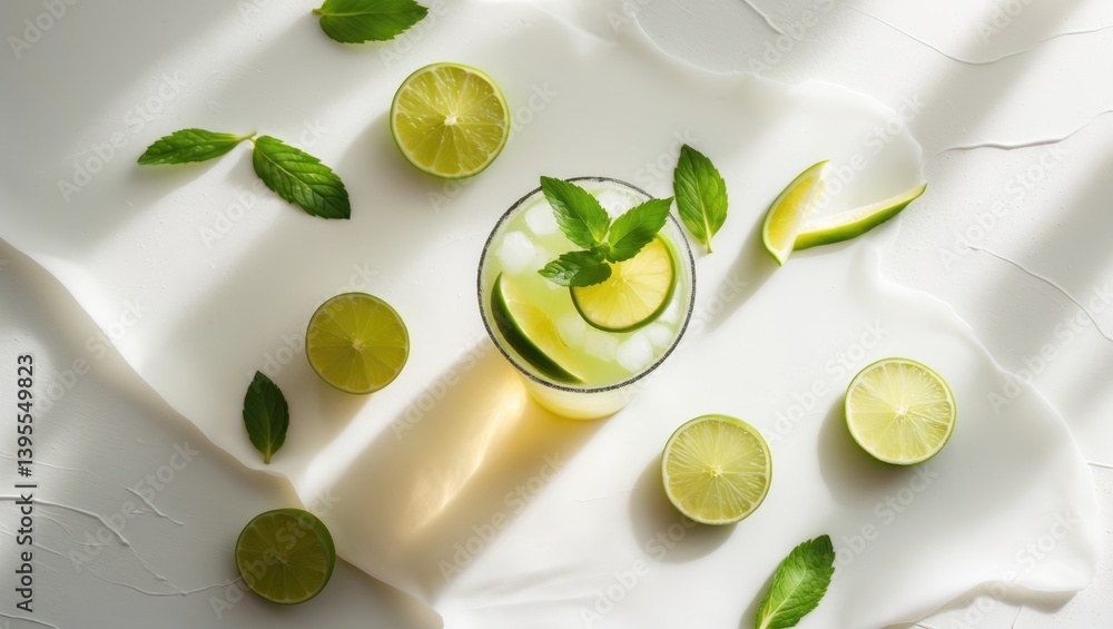 Poster summer citrus drink displayed in a flat-lay with lime, mint, and ice on a white textured backdrop. t