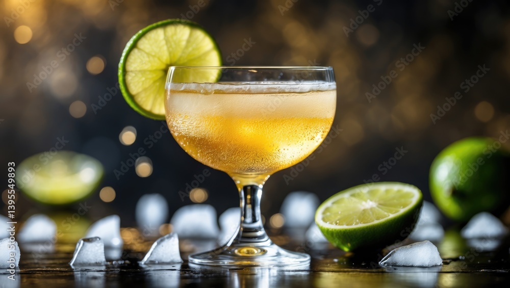 Poster Revitalizing beverage mixed with ginger beer. Ice and lime are arranged on the table.