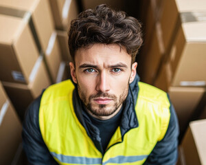 Man in a safety vest surrounded by cardboard boxes, exuding focus and determination.