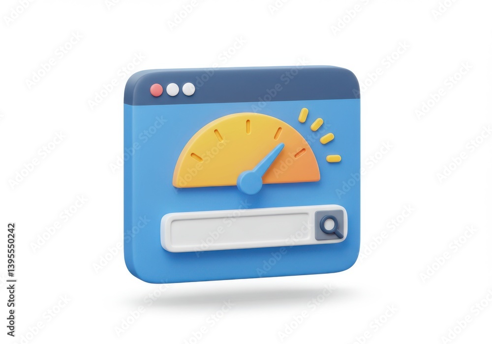 Poster cartoon browser window with speedometer and search bar isolated on white background