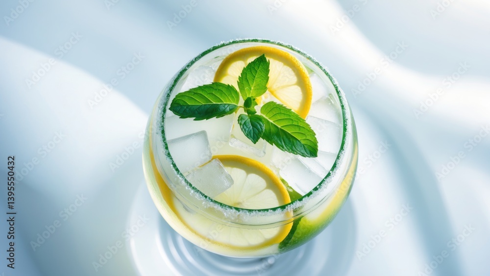 Poster top view of fresh cocktail lemonade and honey lemon soda with a yellow lime slice and mint against a
