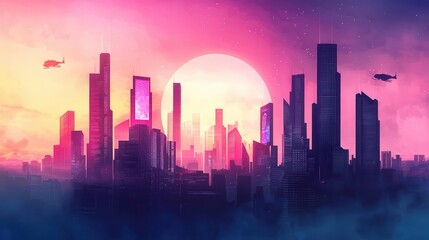 Futuristic metropolis on a distant planet, hightech skyscrapers with holographic billboards and airborne vehicles