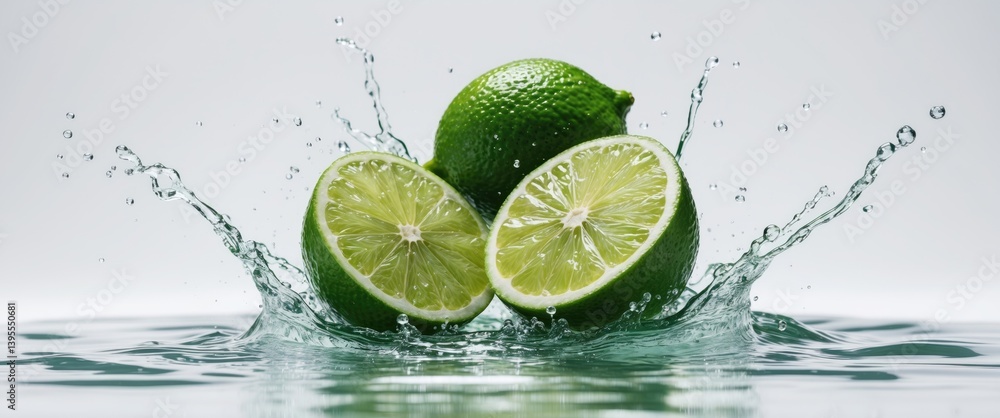 Poster fresh lime sliced in two with a splash of water against a backdrop.