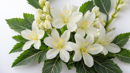 Fototapeta premium Flowers of Houttuynia displayed on a white surface