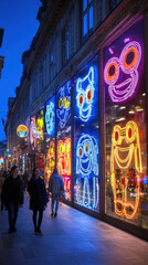 Fototapeta premium Vibrant neon light art installations illuminate a city street at night showcasing whical cartoon characters in large window displays attracting pedestrians strolling along the