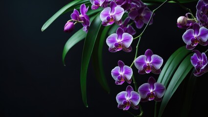 Close-up of new clusters showcasing purple, pink, and white flowers of tropical epiphytic orchid varieties contrasted with a black background.