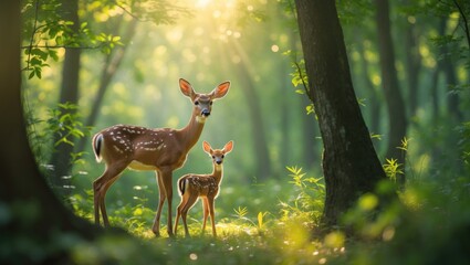 Nice picture of a forest with deer and baby deer