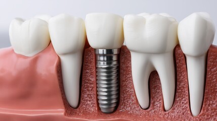The implant placement is clearly visible, illustrating the modern technique used to restore a missing tooth in a natural setting.

