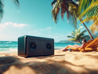 Black Portable Speaker on Tropical Beach Sand