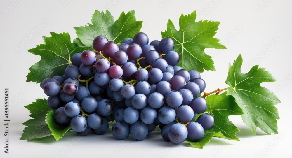 Poster isolated fresh grape cluster with green leaves and clipping path