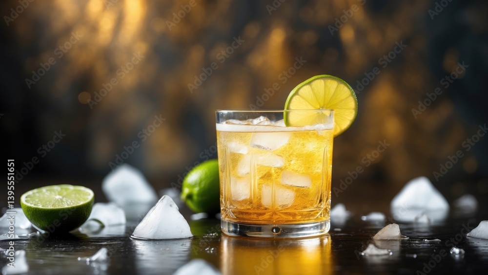 Poster chilled cocktail using ginger beer. ice and lime are available on the table.