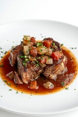 Braised Beef Short Ribs with Brown Sauce and Vegetable Garnish