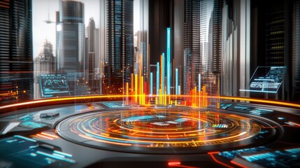 Futuristic holographic visualization of gigapixel standards in urban business environment 3d digital data analytics