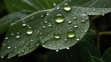 Water droplets on a lush green leaf