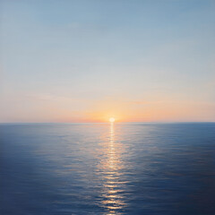 Naklejka premium scene captures a peaceful sunrise as first rays of light emerge over horizon illuminating calm sea and symbolizing start of a fresh day